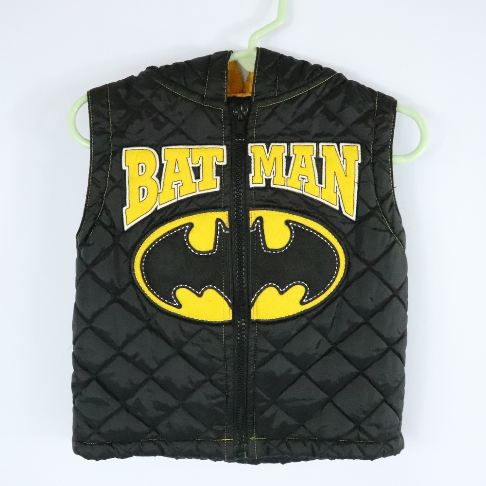 Vintage 90s Warner Bros Batman Black Quilted Zipper Vest Kids Size 2T